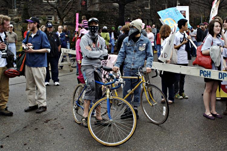 on bikes...